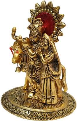 KridayKraft Metal Radha Krishna Standing with Cow Statue for Decorative Home Office and Gifts