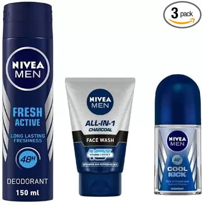 Nivea Men Fresh Active Deo 150Ml, All In ONe CHarcoal Face Wash 100Ml, Cool KIck Roll ON 50Ml 14 (3 Items in the set)
