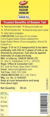 Dabur Roghan Badam Shireen - 50 ml | Pure sweet Badam oil for Glowing Skin & Hair Growth | Rich in Vitamin-E | For Healthy Hair & Skin | Sharpens Brain | Improves Digestion | Extracted From Almonds