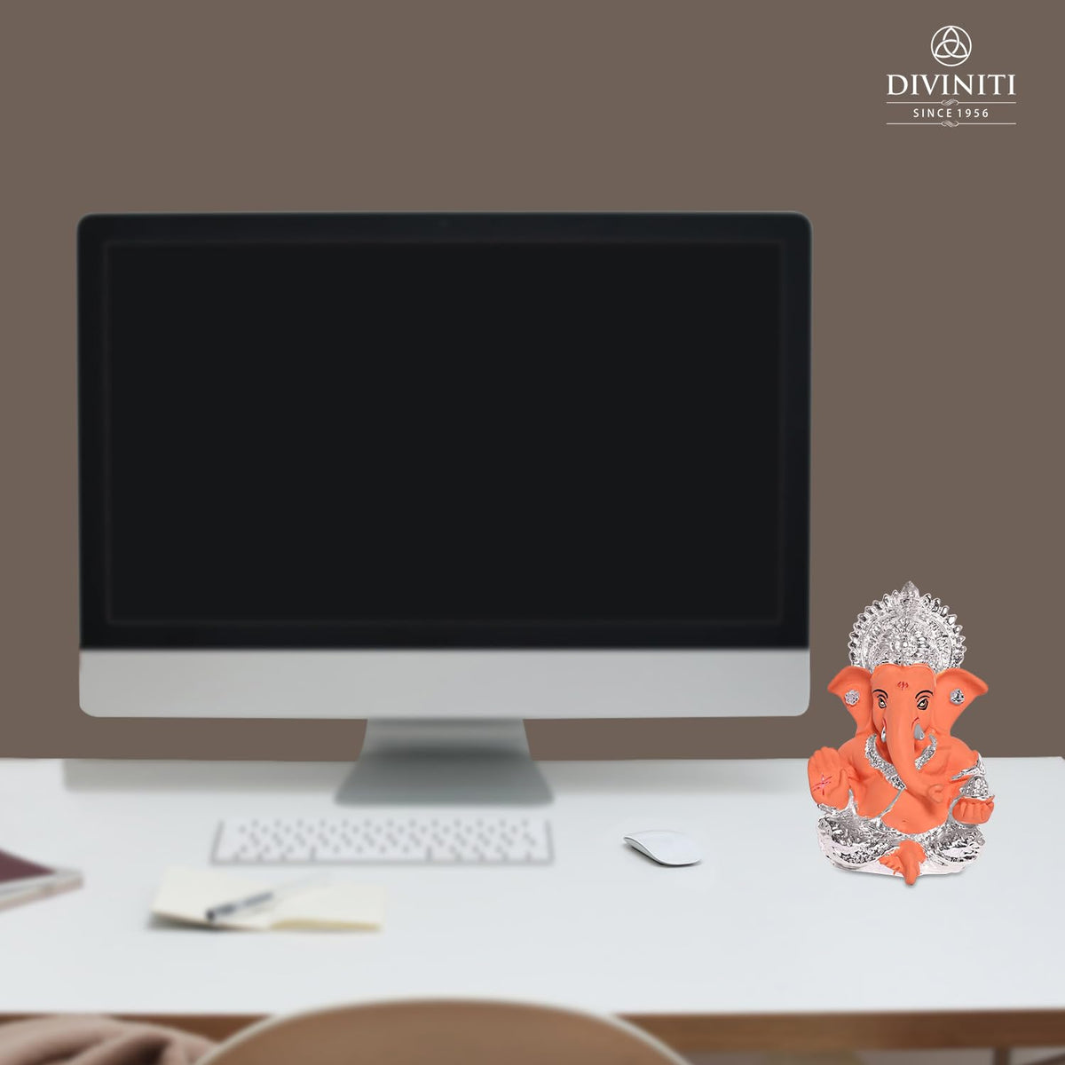 DIVINITI 999 Silver Plated Lord Ganesha Idol for Car Dashboard,Tabletop|Ganesh Statue for Good Luck and Success|Ganpati Murti for Home Decor Mandir, Office Desk Puja Gift Terracotta Orange (8.4x4.2cm)