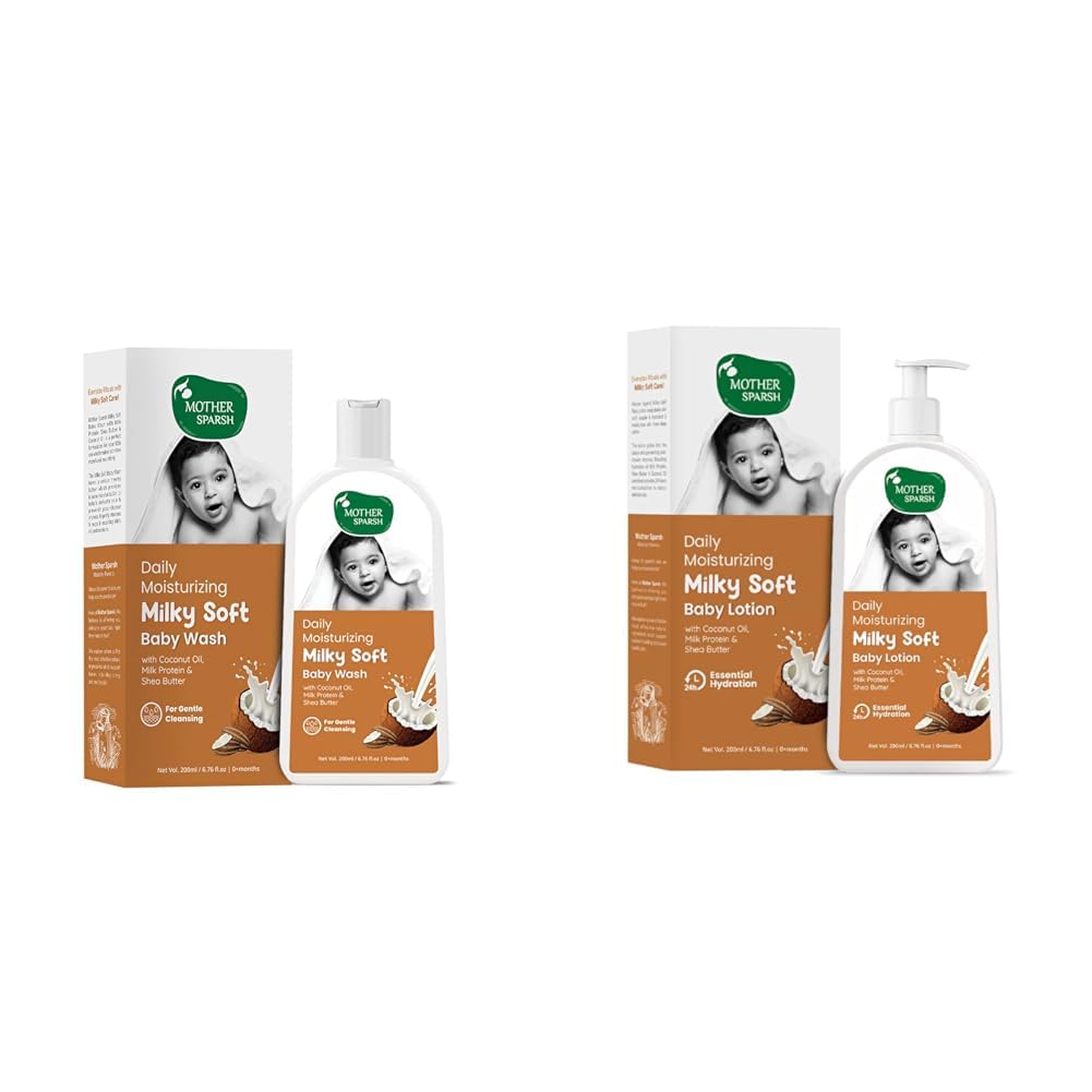 Mother Sparsh Combo of Milky Baby Wash 200ml + Milky Baby Lotion 200ml |Skincare Combo for Babies With Milk Protein, Coconut Oil & Shea Butter