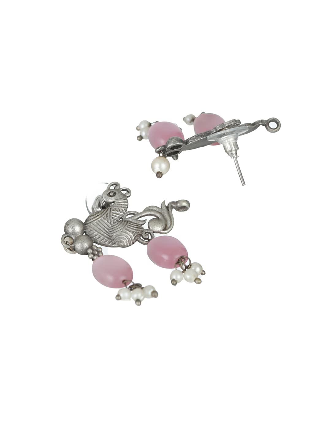 Priyaasi Peacock Pink Stone Studded Oxidised Silver Jewellery Set