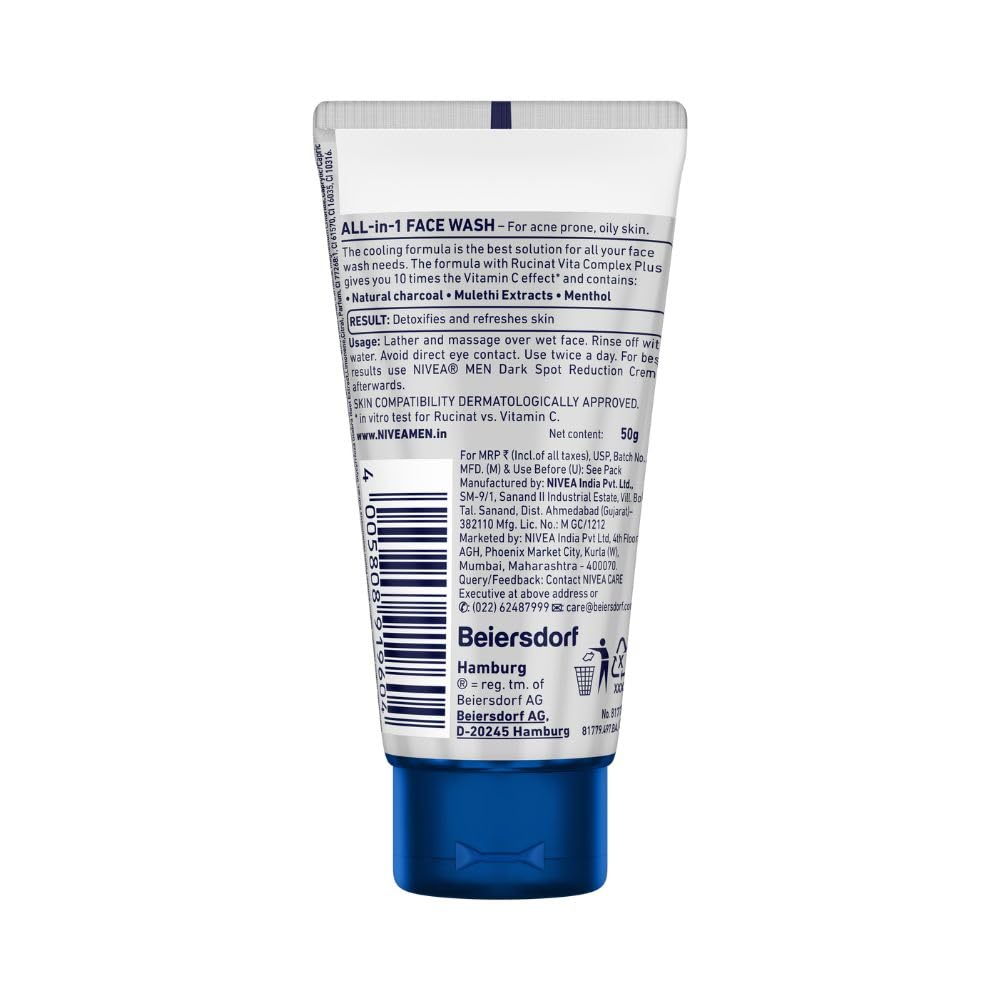 NIVEA MEN All in 1 Charcoal Face Wash | Natural Charcoal, Gluta, AHA & Vitamin C | Helps Reduce the Appearance of Tan | Removes Excess Oil and Minimizes Pores | For Bright Radiant Skin |50g