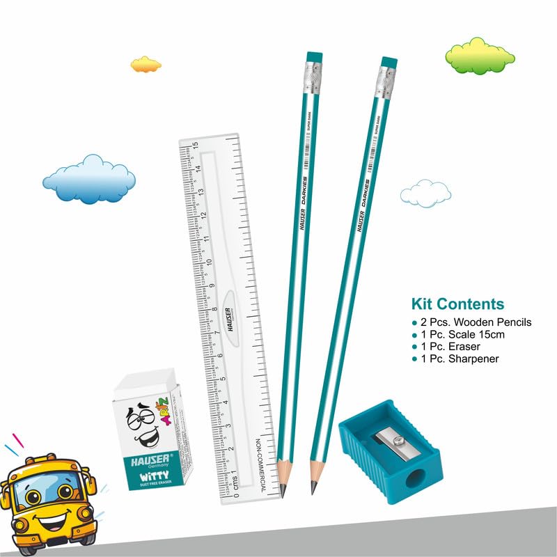 Hauser Germany Skoola Mini Stationery Kit | All-in-One Stationery Solution for School, Office & College | Includes Pencil, Scale, Eraser & Sharpener | Ideal for Return Gifting | Pack of 10