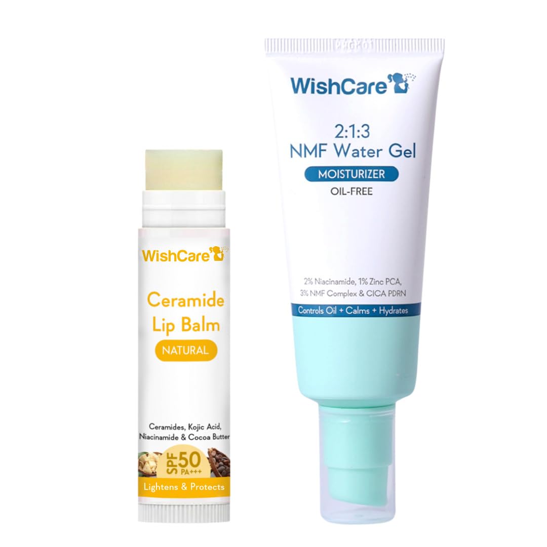 WishCare Lip & Face Hydration Combo | Ceramide Lip Balm SPF 50 PA+++ with Kojic Acid & Niacinamide + NMF Water Gel Moisturizer with Niacinamide & CICA | Helps Oil Control & Provides Deep Hydration
