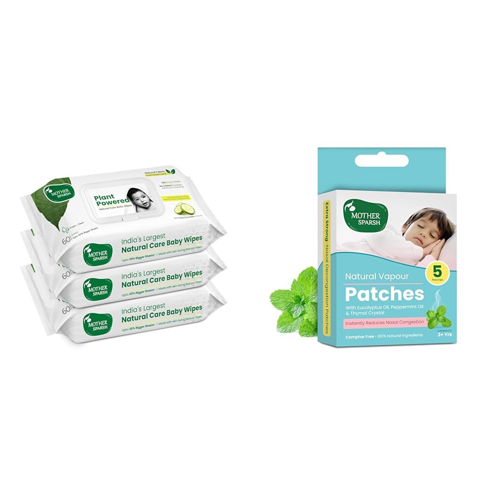 Mother Sparsh Combo of Plant Powered Baby Wipes- Pack of 180 Wipes (Cucumber) + Natural Vapour Patches For Kids With Eucalyptus Oil, Peppermint Oil & Thymol Crystal (Camphor Free)- Pack of 5