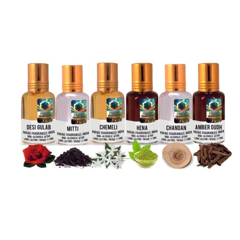 Parag Fragrances Kannauji Attar Set No 2 Desi Gulab, Mitti, Chemeli, Hena, Chandan & Amber Oudh