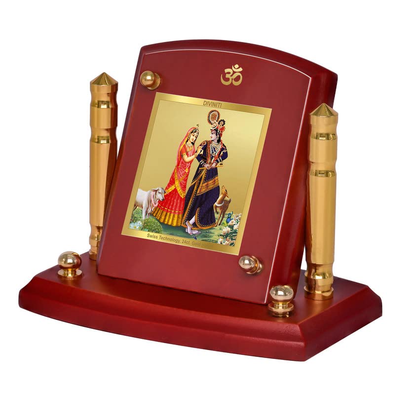 DIVINITI 24K Gold Plated Shri Radha Krishna Photo Frame for Car Dashboard | Premium Religious Idol for Home Office Prayer Decor & Spiritual Gift | Size 8 x 9 cm