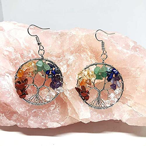 ASTRODIDI Natural 7 Chakra Stones Agate Multicolor Handcrafted Light Weight Round Tree Style Earring Rainbow Tree Reiki Gemstones Agate Hoop Earring