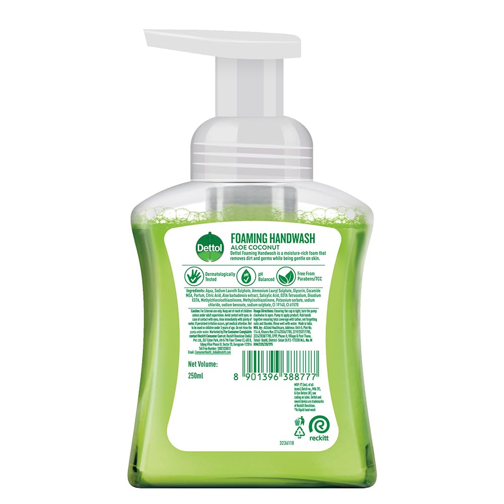 Dettol Foaming Handwash Pump - Aloe Coconut, 250ml | Rich Foam | Moisturizing Hand Wash | Soft on Hands