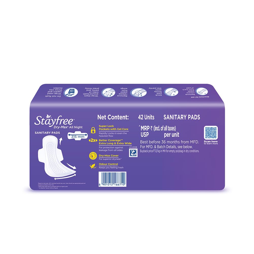 Stayfree Dry Max Xxl|Combo Pack 126 Pads|All Night Xxl Dry Cover Sanitary Pads For Women|Convert Heavy Flow Into Gel|Odour Control|Absorbs 2X More With Wider Back|Superior Dry Feel|Ultra Thin Pads