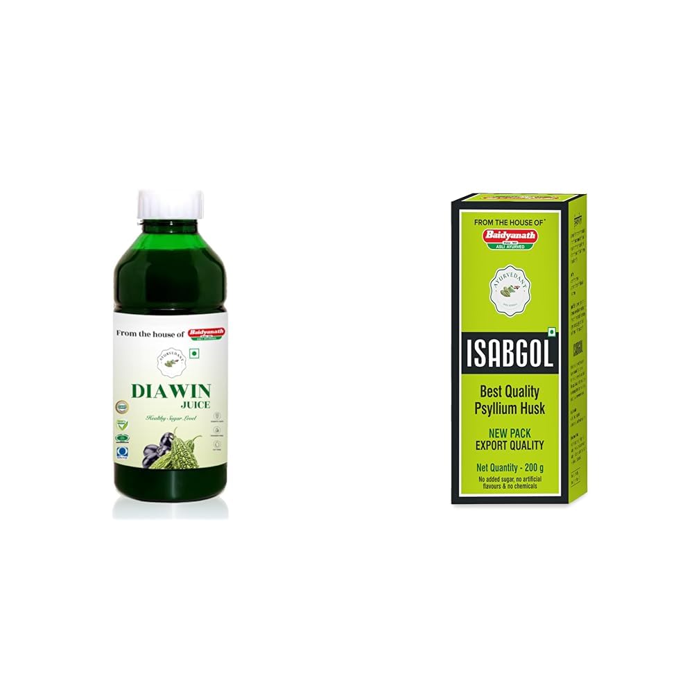 Ayurvedant Diawin Juice 1L – Ayurvedic Juice for Diabetes Care with Neem, Tulsi, Giloy, Jamun, Kar | Baidyanath Ayurvedant Isabgol/Psyllium Husk Powder - 200 Gm | Effectively Relieves Constipation