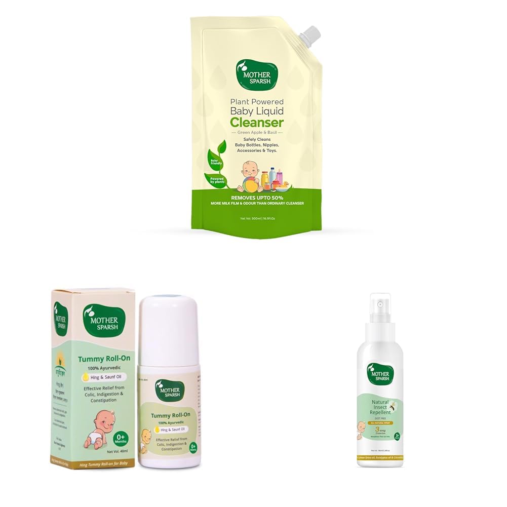 Mother Sparsh Natural Baby Liquid Cleanser Refill Pack (500ml) & Tummy Roll On For Baby, Colic Relief- 40ml & Natural Insect Repellent Spray For Babies - 100ml