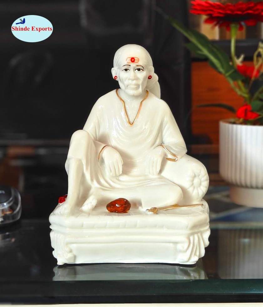 SHINDE EXPORTS Shirdi Saibaba Big Size dwarkamai Marble Idol for Pooja Room Statue for Home Worship Baba 6.5 inches murti