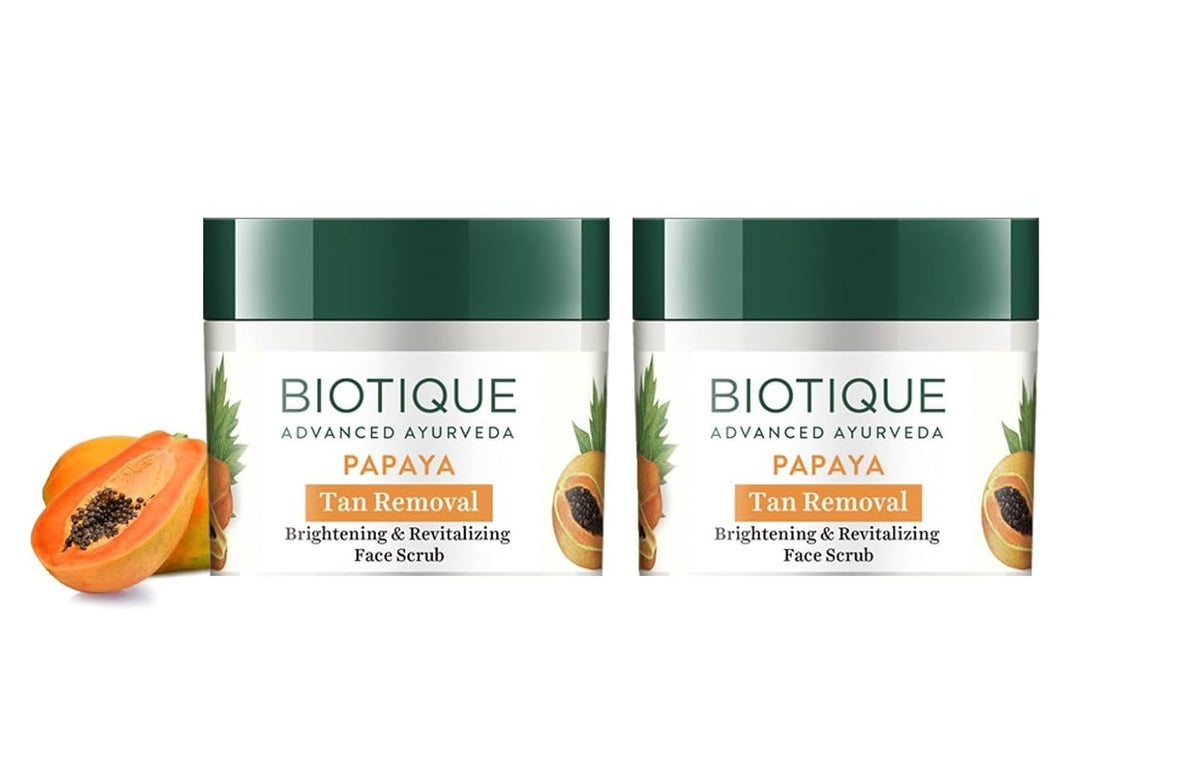 Biotique Papaya Tan Removal Brightening & Revitalizing Face Scrub | Gentle Exfoliation | Smooth and Clear Complexation | 100% Botanical Extracts| Suitable for All Skin Types | 75g (Pack of 2)