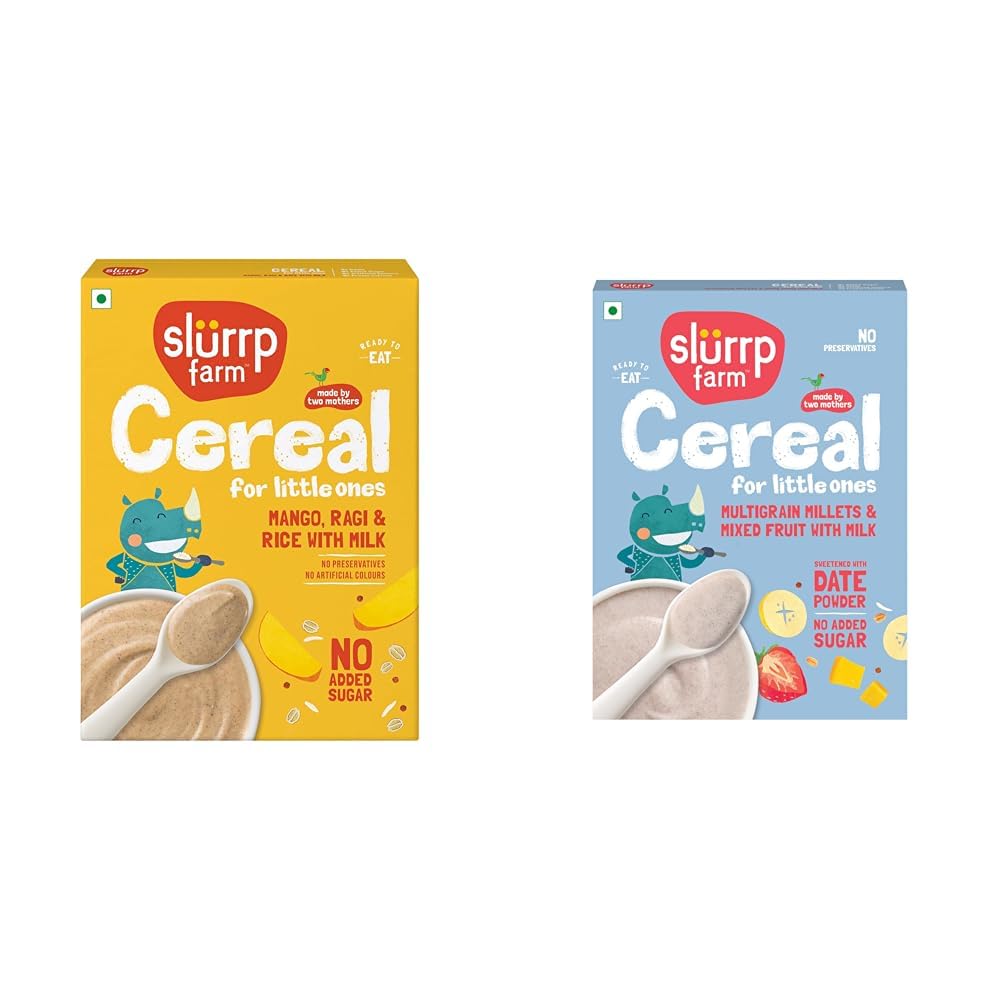 SLURRP FARM No Added Sugar Instant Cereal | Ragi, Rice and Mango with Milk, 200 Grams + Slurrp Farm Multigrain Millets and Mixed Fruits with Milk | Mildly Sweetened with Date Powder | No P