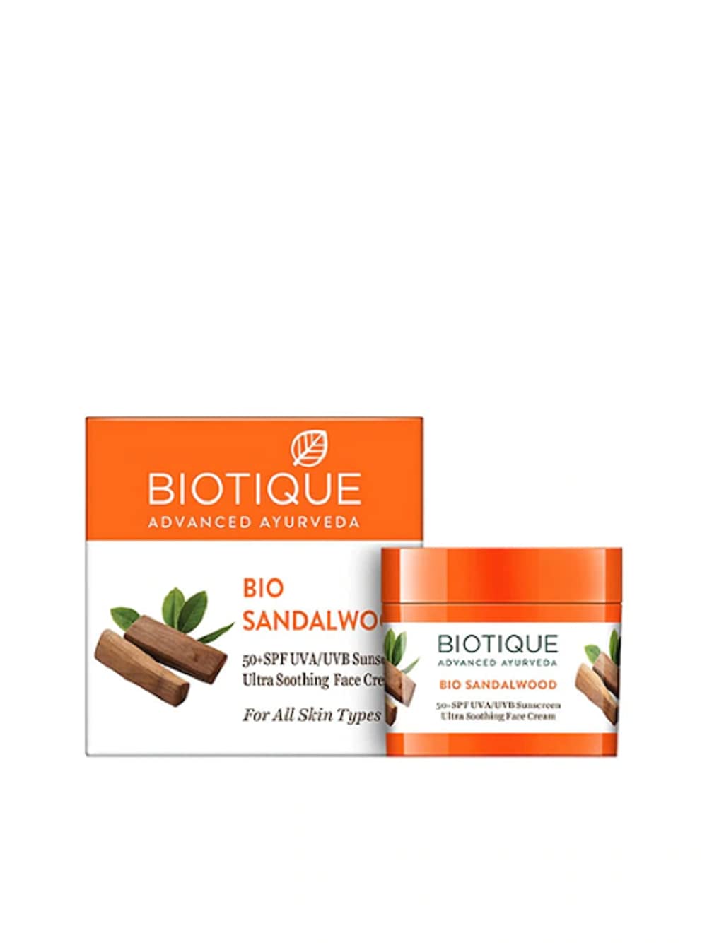 Biotique Bio Sandalwood 50+ SPF UVA/UVB Sunscreen Ultra Soothing Face Lotion, 120 ml|Bio Sandalwood Face & Body Sun Cream Spf 50 Uva/Uvb Sunscreen For All Skin Types,50gm|Set of 2 Items