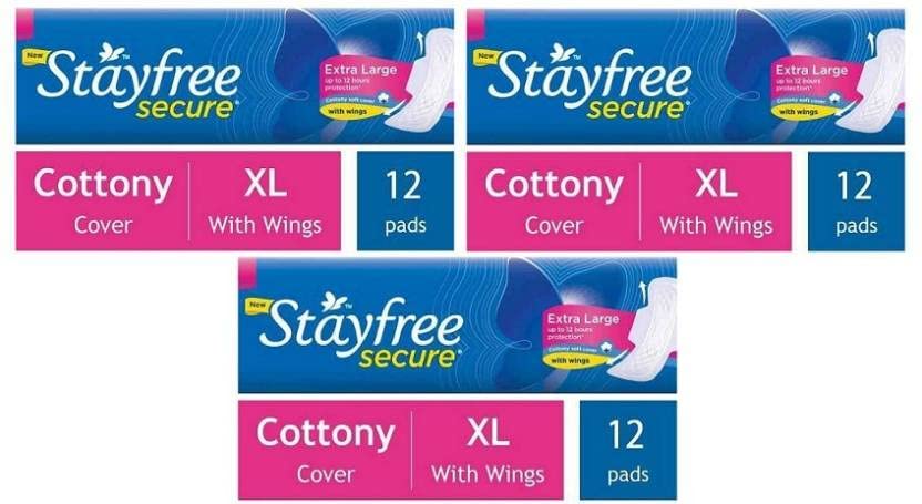 STAYFREE Secure Cottony Cover XL With Wings XL- 12+12+12 Counts Sanitary Pad (Pack of 36)