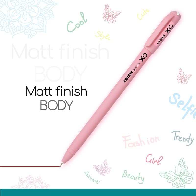 Hauser XO Girls Squad Pink Body 0.7mm Ball Pen | Minimalistic Body with Matt Finish Body | Black Ink, Pack of 10 Pens