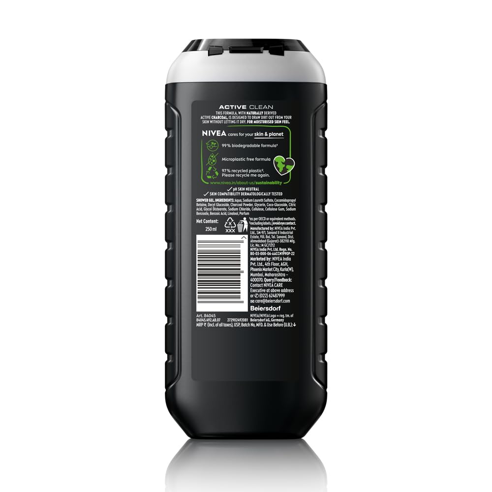 NIVEA Men Body Wash, Active Clean with Active Charcoal, Shower Gel for Body, Face & Hair, 250 ml