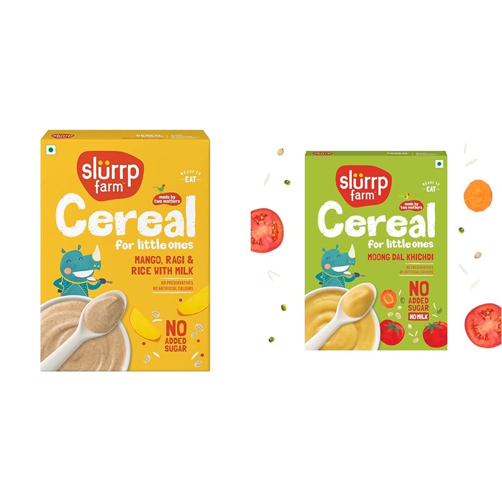 SLURRP FARM No Added Sugar Instant Cereal | Ragi, Rice and Mango with Milk, 200 Grams + Slurrp Farm No Added Sugar Instant Moong Dal Khichdi for Little Ones | No Salt, No Milk | Healthy Ce