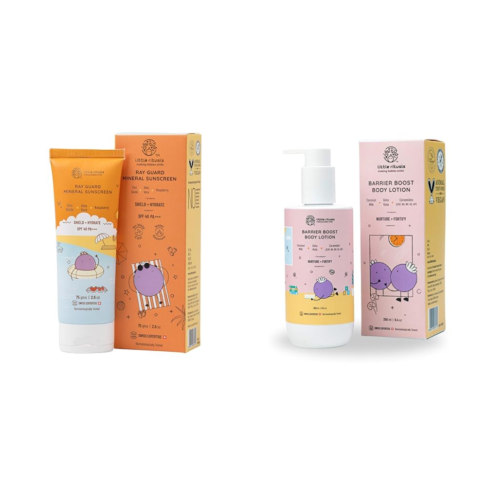 Little Rituals Mineral Baby & Kids Sunscreen SPF 50 PA+++ - 75 gm & Barrier Boost Baby Body Lotion with Ceramide, Coconut Milk, Gotu Kola - 250 ml