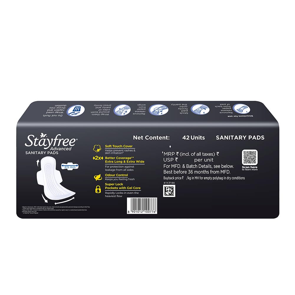 Stayfree Advanced XXL All Night Sanitary Pads For Women | 42 Pads | Ultra Soft Cover | 2x Coverage for All Round Protection | Helps Prevent Rashes & Skin Irritation
