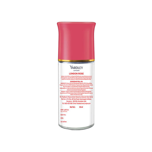 Yardley London London Rose Underarm Deodorant Roll On | With Licorirce Extract & Floral Extracts | Smooth & Eventoned Underarms | 72 H Long Lasting Floral Scent| 0% Alcohol & Dermat Approved | For Women | 50ml