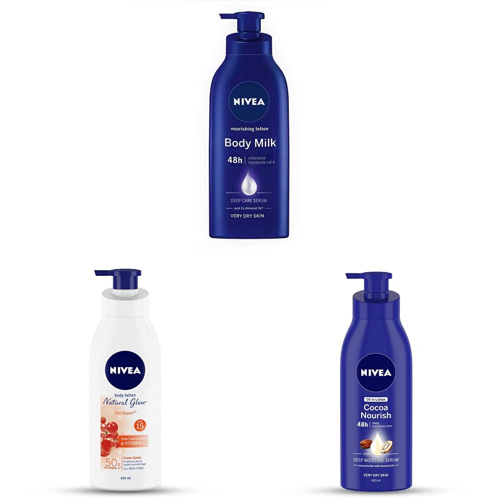 NIVEA Body Lotion for Very Dry Skin, 600 ml & NIVEA Body Lotion Natural Glow, Cell Repair, SPF 15 & 50x Vitamin C 400 ml & NIVEA Body Lotion for Very Dry Skin, Cocoa Nourish, 400 ml