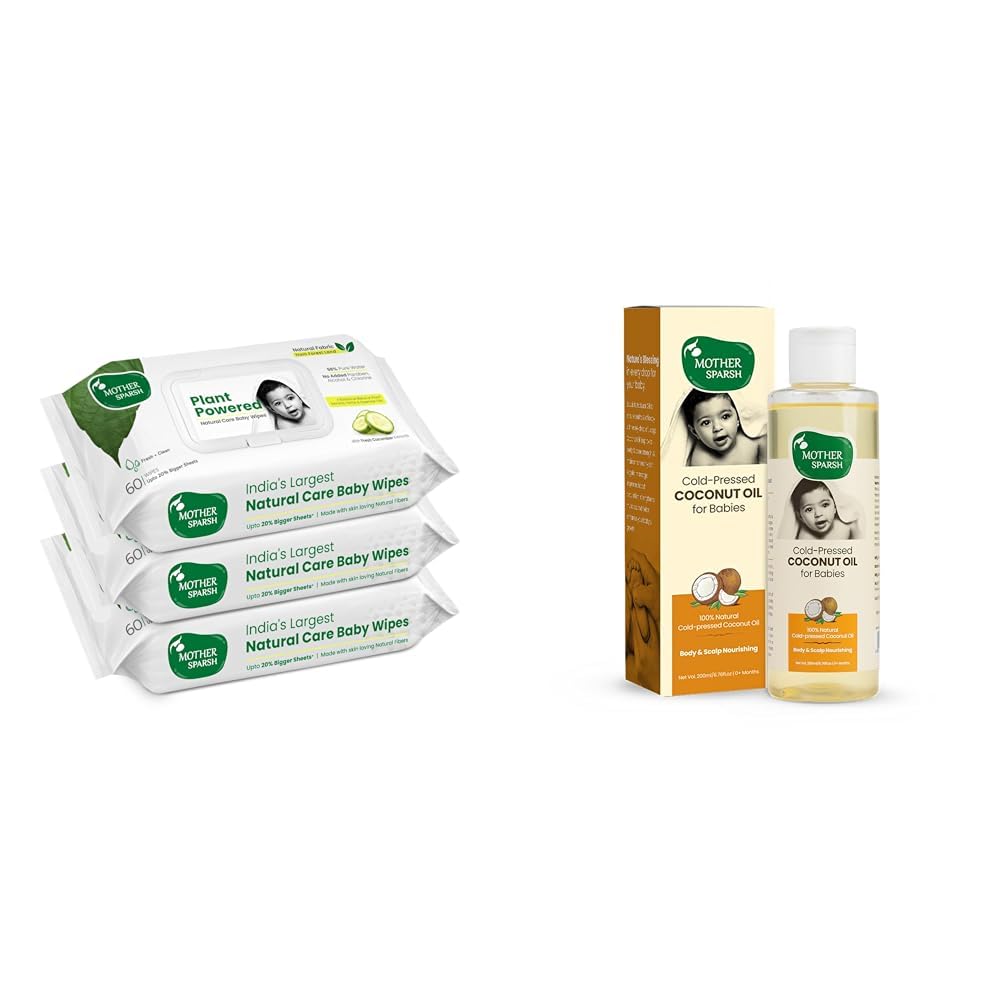 Mother Sparsh Combo of Plant Powered Baby Wipes- Pack of 180 Wipes (Cucumber) + Cold Pressed Virgin Coconut Oil for Babies- 200ml