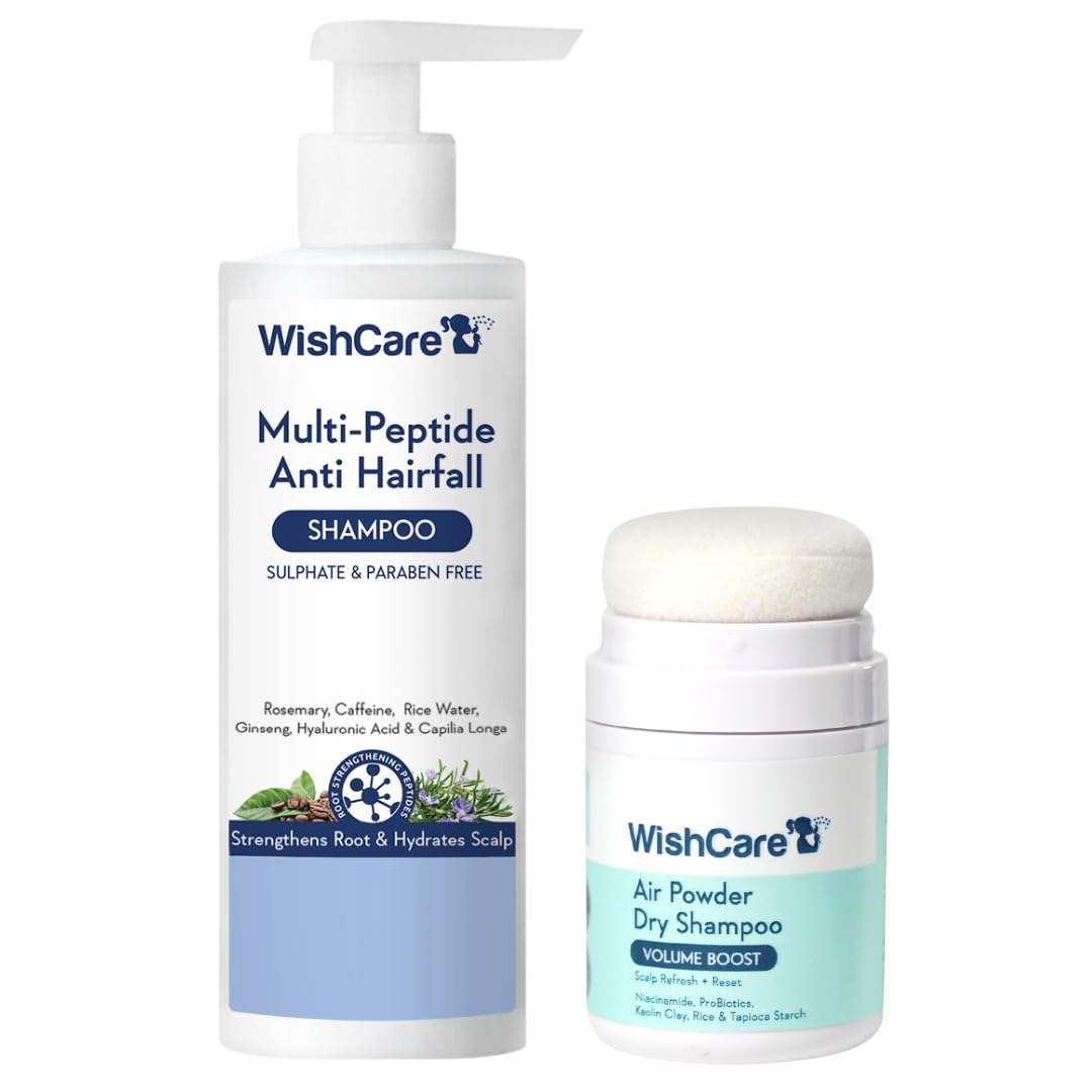 WishCare Hairfall Control & Scalp Refresh Combo | Multi Peptide Anti-Hairfall Shampoo with Rice Water, Rosemary + Air Powder Dry Shampoo for Oily Scalp | Sulphate & Paraben Free | For Women & Men