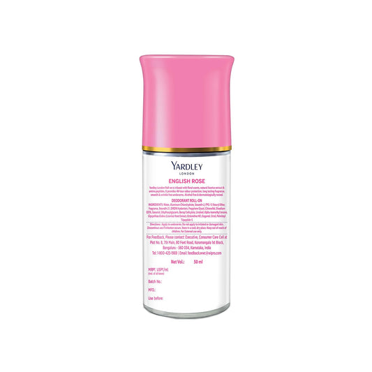 Yardley London English Rose Underarm Deodorant Roll On | With Licorirce Extract & Floral Extracts | Smooth & Eventoned Underarms | 48 H Long Lasting Floral Scent| 0% Alcohol & Dermat Approved | For Women | 50ml