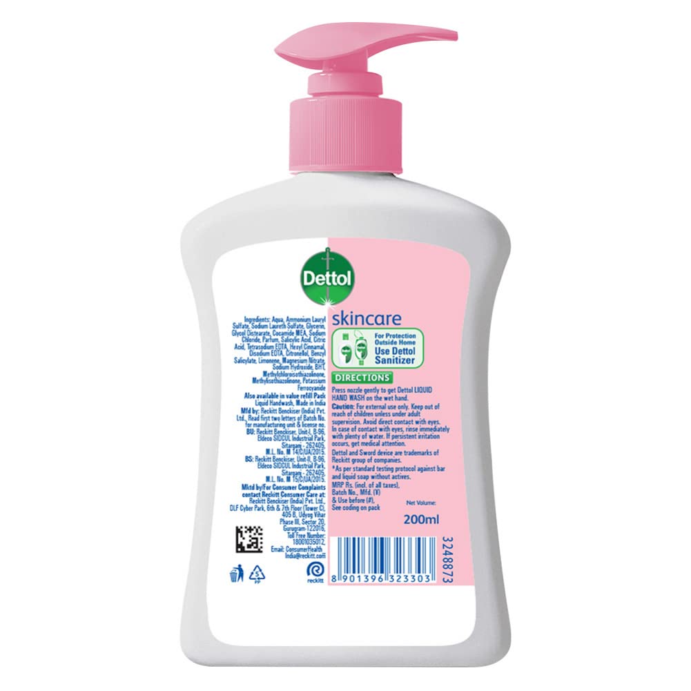 Dettol Liquid Handwash Dispenser Bottle Pump - Skincare Moisturizing Hand Wash (Pack of 3 - 200 ml each) | pH Balanced | 10x Better Germ Protection