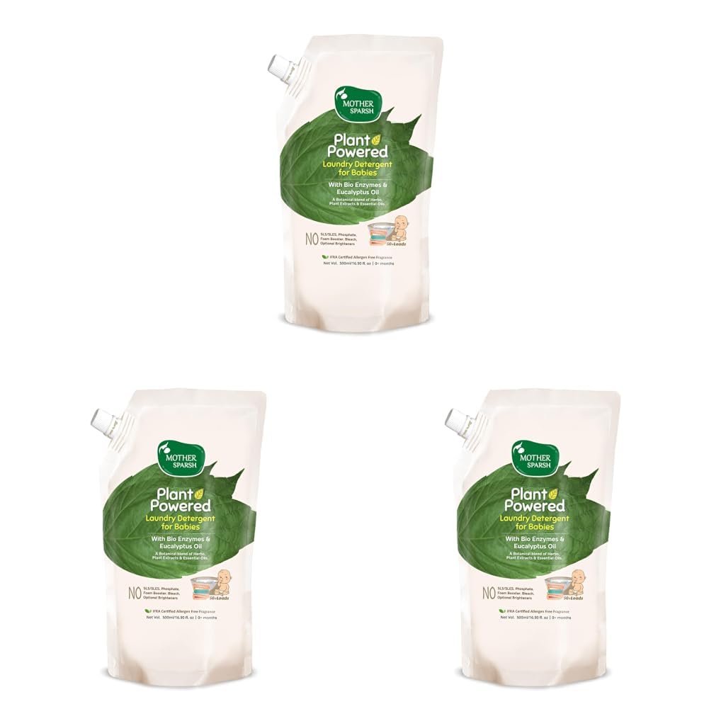 Mother Sparsh Baby Laundry Liquid Detergent (Powered by Plants) with Bio - Enzymes and Eucalyptus Oil, Refill Pack (500ml) (Pack of 3)