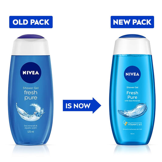 NIVEA Fresh Pure Refreshing Body Wash with Sea Minerals for Fresh, Clean Skin, Pure Glycerin, Vitamins C & E and Care Oil for Lasting Moisture, Shower Gel for Soft & Healthy & Moisturized Skin, 125 ml