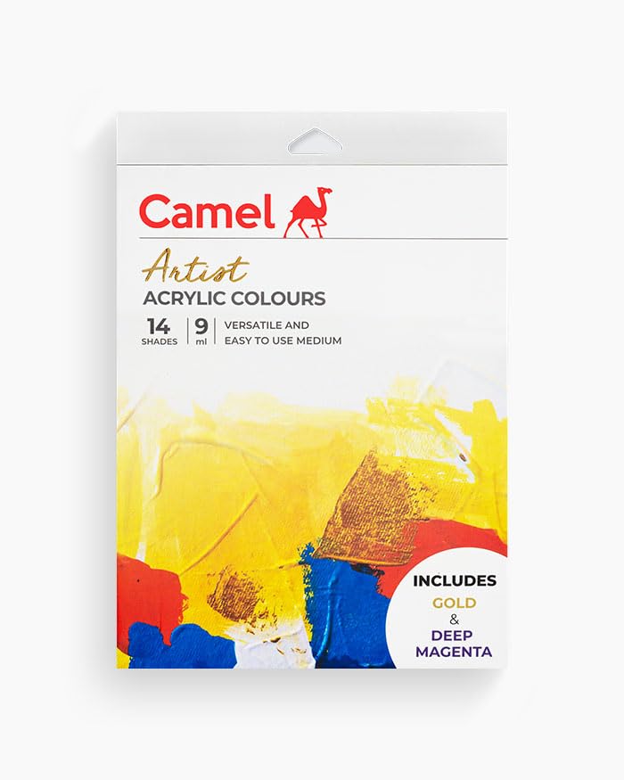 Camel Artist Acrylic Colours Set | 14 Shades × 9ml Each | Rich Pigment, Smooth Finish | Ideal for Canvas, Paper, Wood & Craft Work