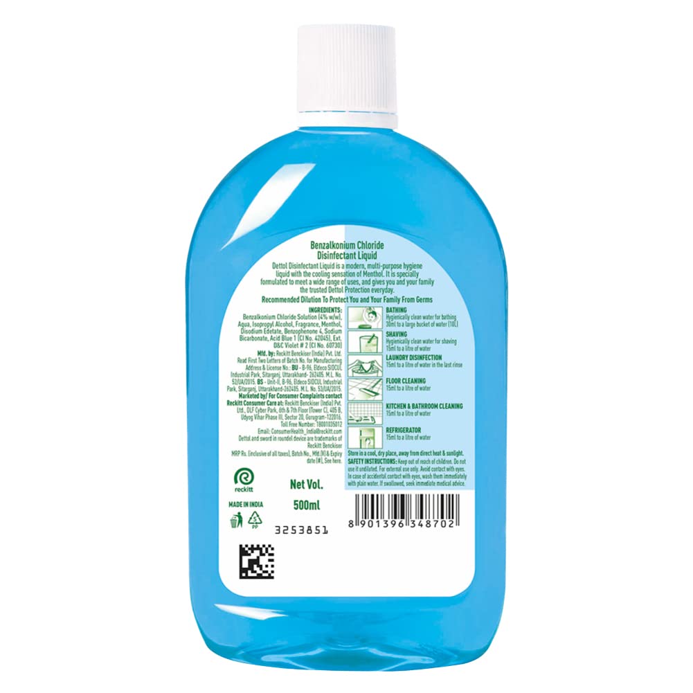 Dettol Liquid Disinfectant for Personal Hygiene , Surface Disinfection , Floor Cleaner , Menthol Cool , (Pack of 3 - 500 ml each)