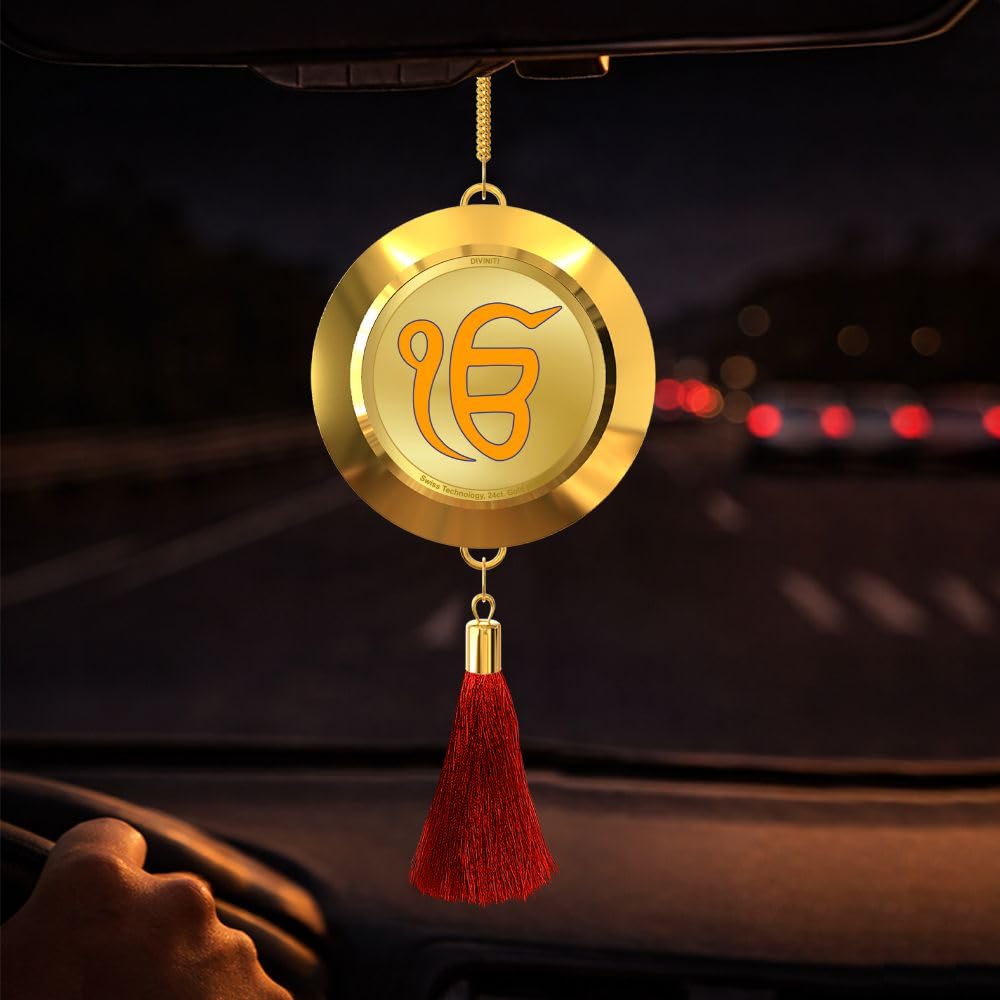 Diviniti 24K Gold Plated Guru Nanak Dev Ji Car Hanging with Ek Onkar Symbol | Double Sided Sikh Religious Hanging for Home Entrance, Car Dashboard, Mandir & Spiritual Gift Item