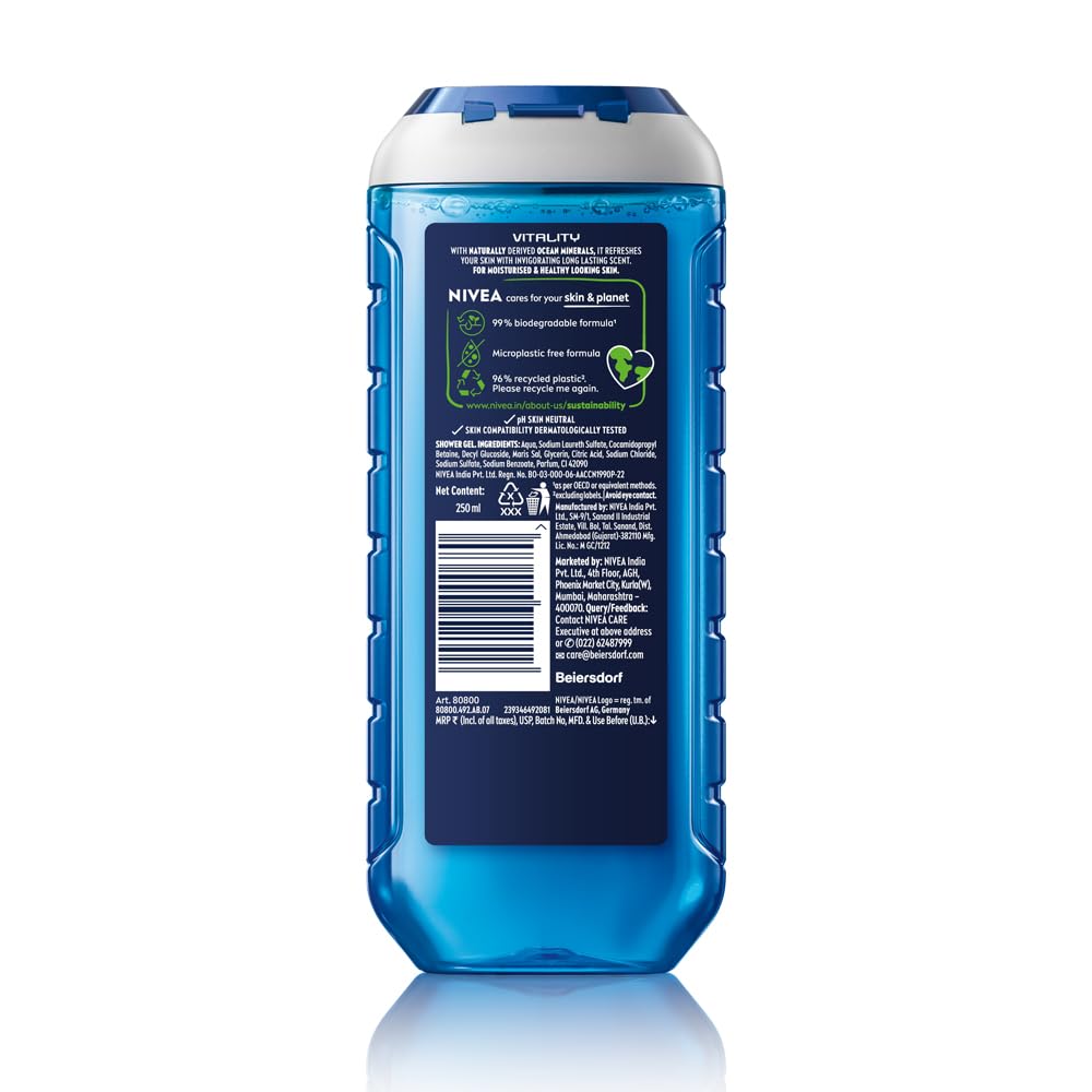 NIVEA MEN Vitality Fresh 250ml Body Wash| Shower Gel for Face, Body & Hair| Power of Ocean Minerals| Long Lasting Summer Freshness |Clean, Healthy & Moisturized Skin