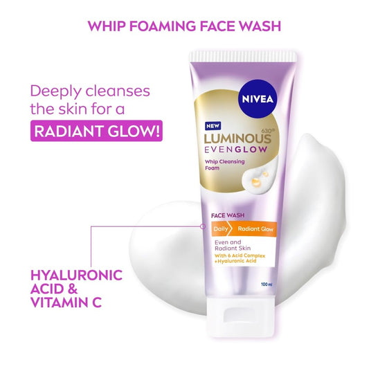 NIVEA Luminous Vitamin C - Whip Foaming Face Wash for Brightness & Radiant Glow, 100 ml | Cleanses, Brightens, Unclogs Pores & Hydrates | Removes Make Up | For oily, dry & sensitive skin | Men & women