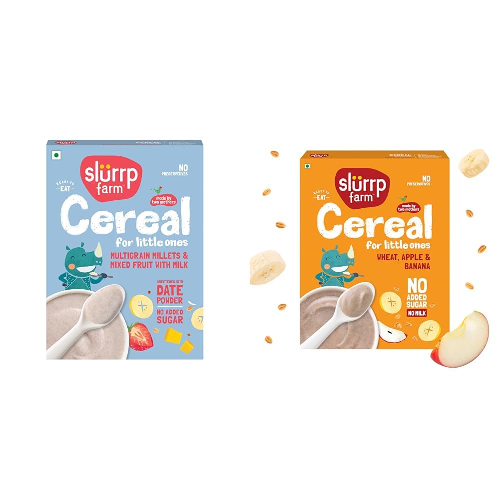 Slurrp Farm Multigrain Millets and Mixed Fruits with Milk | Mildly Sweetened with Date Powder | No P + Slurrp Farm No Added Sugar Instant Wheat Apple & Banana Cereal | No Milk No Preservatives | 300g