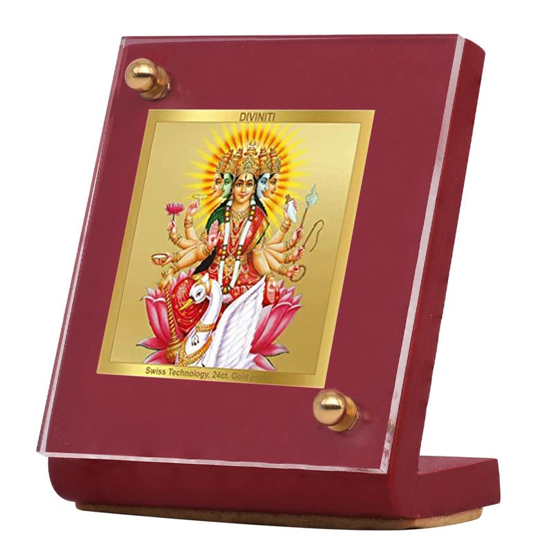 DIVINITI 24K Gold Plated Religious Car Dashboard Frame | Premium God Idol Frame for Car, Home Mandir & Office Table | Spiritual Gift, Decorative Showpiece | Gayatri Mata
