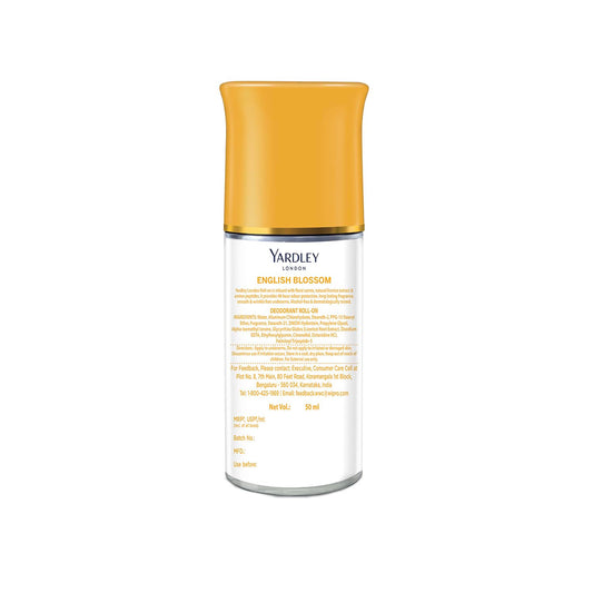 Yardley London English Blossom | Underarm Deodorant Roll On| With Licorirce Extract & Floral Extracts | Smooth & Eventoned Underarms | 72 H Long Lasting Floral Scent| 0% Alcohol & Dermat Approved | For Women | 50ml