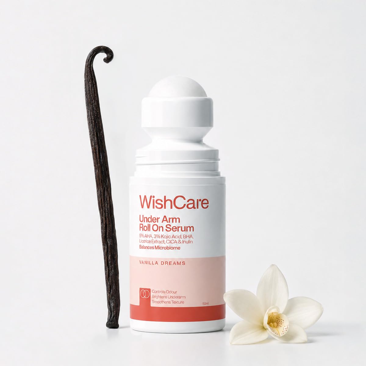 WishCare Underarm Roll On Serum - 5% AHA, 3% Kojic Acid, BHA, Licorice, Inulin - Underarm Lightening & Odour Control - Long Lasting Vanilla Fragrance
