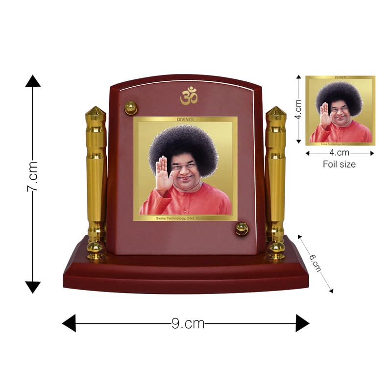 DIVINITI Satya Sai Photo Frame for Car Dashboard, Car Idol, Table Decor|MDF 1B P+ Wooden Frame with 24K Gold Plated Foil|Religious Frame for Pooja, Prayer and Gift (7 X 9CM)