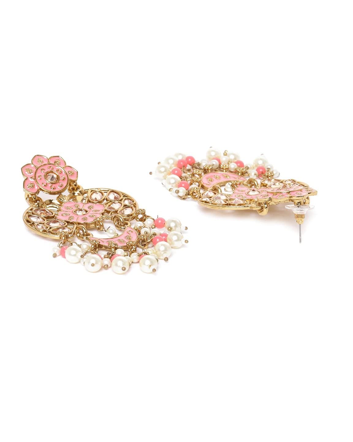 Priyaasi Gold-Plated Stone Studded Drop Earrings with Pearl Drop in Peach Color