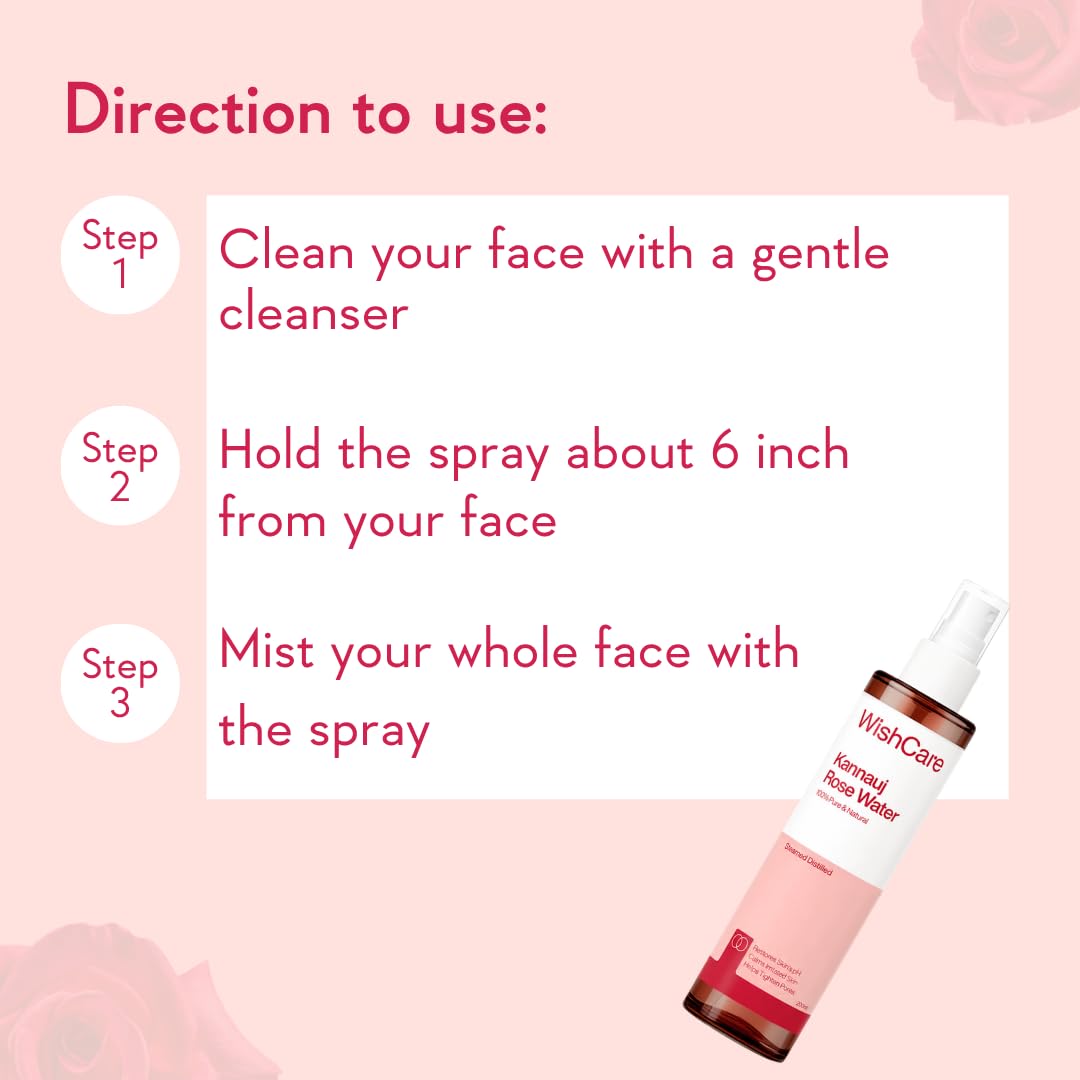 WishCare 100% Pure & Natural Rose Water For Face, Skin & Hair - Rose Water Toner for Glowing Skin - Free from Paraben & Alcohol 200ml