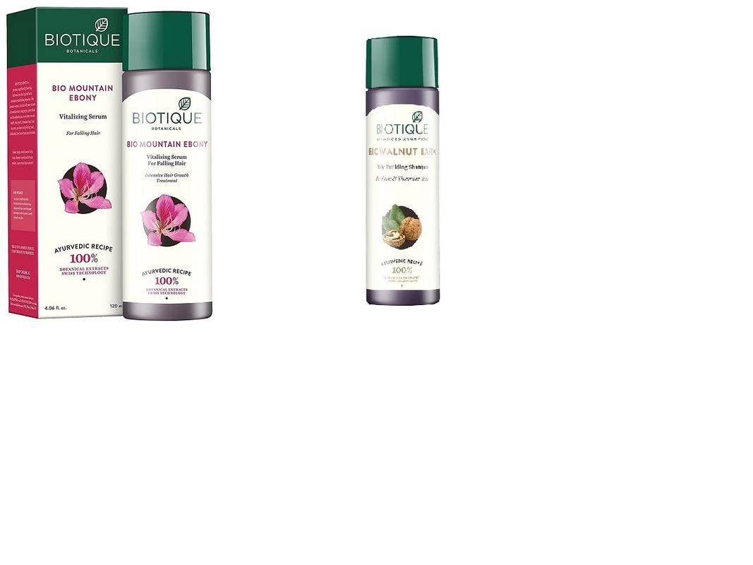 Biotique Bio Mountain Ebony Vitalizing Serum for Falling Hair Intensive Hair Growth Treatment, 120ml & Biotique Bio Walnut Bark Fresh Lift Body Building Shampoo For Fine & Thinning Hair, 190Ml