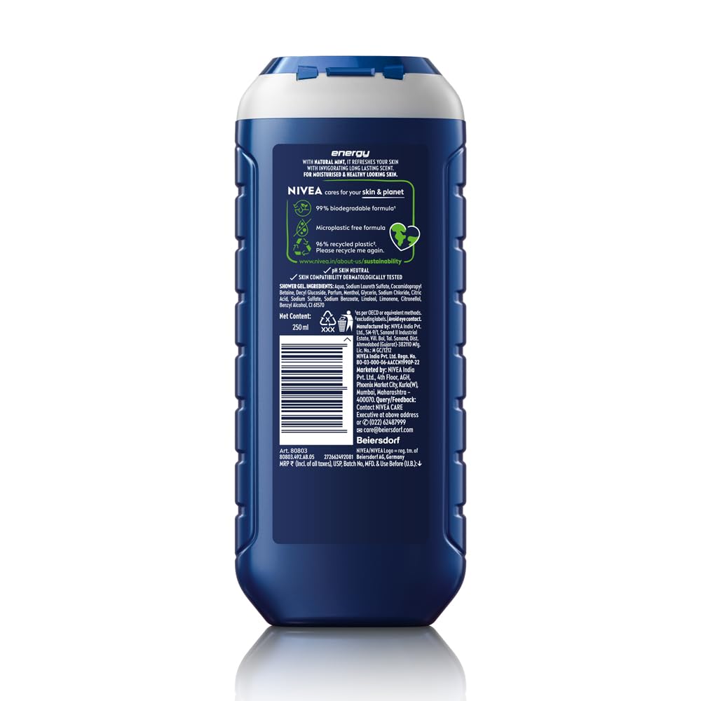 Nivea Men Body Wash, Energy With Mint Extracts, Shower Gel For Body, Face & Hair, 250ml