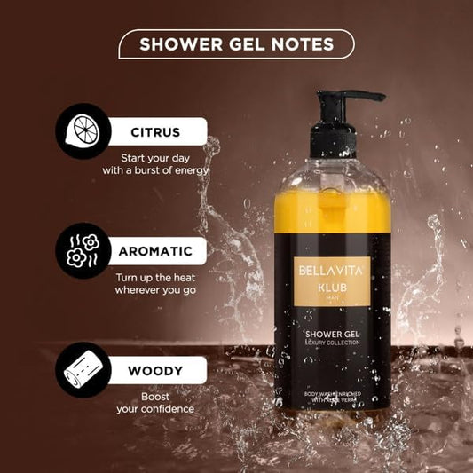 Bella Vita Luxury KLUB Man Body Wash Refreshing Shower Gel for Deep Cleansing, Hydrating, Moisturising, Softer & Smoother Skin with Aloe Vera 500 Ml